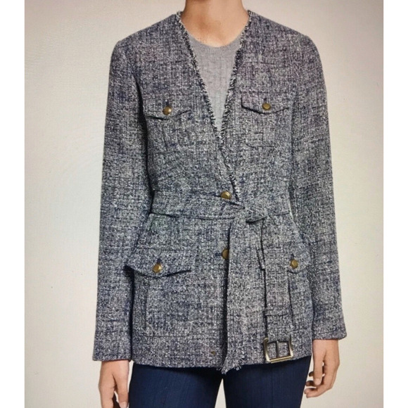 Michael Kors Jackets‎ Women 2 Blue Fringe Tweed Belted Blazer Old Money Preppy - Picture 1 of 11